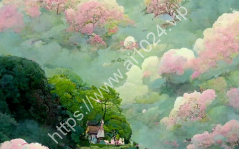 This is a painting depicting Miyazaki's summer, Shin Haicheng, summer green, fairy tale forest, pale pink thatched cottage, many soft small broken clouds, animation rendering, high-definition picture HD --ar 9:16