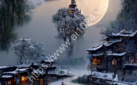 Ancient Chinese ultra-realistic CG rendering, with a creek, on the water town of Jiangnan, in the evening, Chinese architecture, maple trees with milky leaves, snow scenes, moon in the sky, HD --ar 9:16