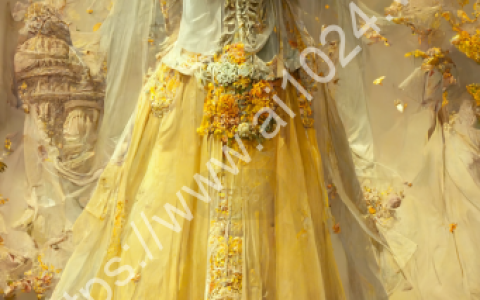 The new yellow crystal wedding dress is filled with multi-layer tulle, European-style white patterned marble background wall, fairy tale palace style, and oversized skirt. The neckline and cuffs are decorated with cutout lace elements and jewelry, and the hem is covered with gorgeous flowers and butterflies. Fantasy, Surreal, High Definition, Ultra Detailed, Photorealistic, High Pixel, Octane Rendering, Cinematic Lighting, Sparkling --ar 9:16