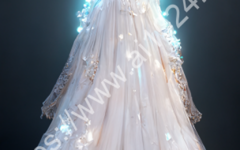 There is a beautiful, crystal-synthesized white wedding dress with fluffy hem and lights. The lights shine on the wedding dress, which is super dreamy and truly rendered, 8K,HD --ar 9:16