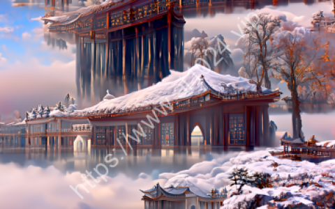 概念，哑光绘画，在冬天早晨，雾气，白云，雪地，雪景，一座华丽的中国宫殿矗立在宁静的湖面上，在壮丽的约翰豪景观中，幻想，8k，童话，艺术站趋势，卡斯帕大卫弗里德里希，虚幻引擎，照明。