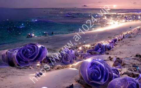 The picture is transparent. A huge silver-white crescent moon is scattered on the beach. The Milky Way shines with many purple-blue roses. There are many purple-blue rose flowers on the beach, fantasy, highly detailed, beautiful, 8k, octane rendering, real photos, complex details, ultra-wide viewing angle, panoramic shooting, and several purple-blue roses in the foreground. Duo HD --ar 9:16