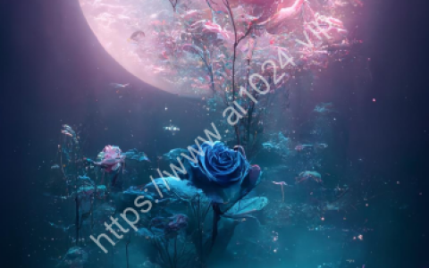 It's dark at night, the blue sea is covered with blue roses, floating on the water, emitting pink light, quiet, fairy tale, lighting effect, fantasy, unreal engine, 4K，HD --ar 9:16