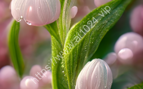 There is a lily of the valley, which is pink. Petals as deep as sea water, crystal clear as dew. There are many greenleaves on the flower branches, and many crystal white button chrysanthemums. lt can feel the loyalty and purity of love HD, high quality, photo realistic, high detail, 8k --ar 9:16