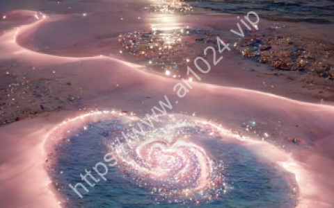 The picture is transparent, a large silvery white crescent is sprinkled on the sand accompanied by the Milky Way stars, there are many pink and blue roses floating on the sand, pink and blue roses floating on the sea, a beach in the shape of a heart, glowing creatures, Silver, Unreal Engine, Ultra Wide, 16K HD, HD. --ar 9:16