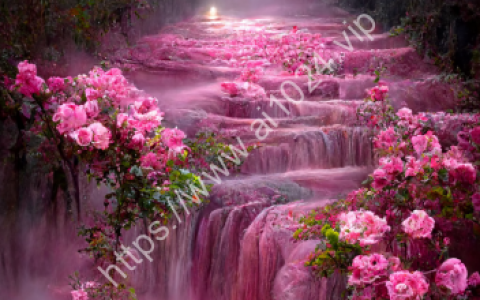 There is a pink rose waterfall on the edge of the cliff glowing at night.The shadow of the trees is hazy. There are huge pink roses around many waterfalls. The petals are scattered in the water. Misty rain, glow, dreamy pink roses, fog and gauze float around the waterfall.magical light fog, night, shimmer, Picture, 8K, streaming media, marmoset kit, HD，16K，UE4 --ar 9:16