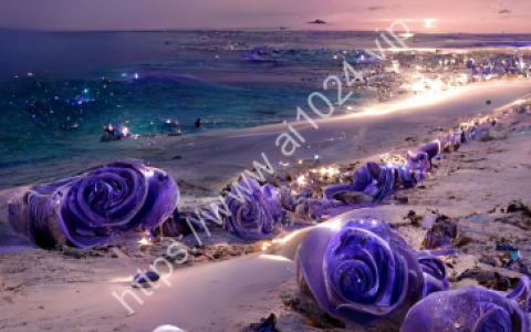 The picture is transparent. A huge silver-white crescent moon is scattered on the beach. The Milky Way shines with many purple-blue roses. There are many purple-blue rose flowers on the beach, fantasy, highly detailed, beautiful, 8k, octane rendering, real photos, complex details, ultra-wide viewing angle, panoramic shooting, and several purple-blue roses in the foreground. Duo HD --ar 9:16