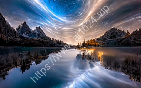 At night, starlight shines in lake,Blue sky like angel wings, lake, real high-definition, super wide angle panorama, super high-definition, 8k lifelike, high pixel, crack,landscape photography by Marc Adamus,HD --ar 9:16